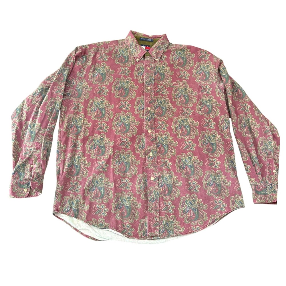 Tommy Hilfiger Vintage 90s Paisley Corduroy Shirt Mens Large Red Long Sleeve